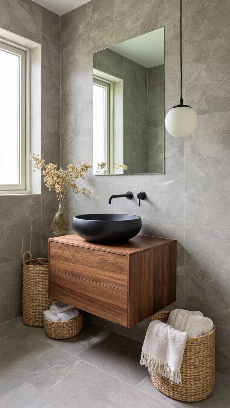 Modern 8x5ft bathroom with warm gray marble-effect tiles, walnut floating vanity, matte black vessel sink, and soft natural lighting.