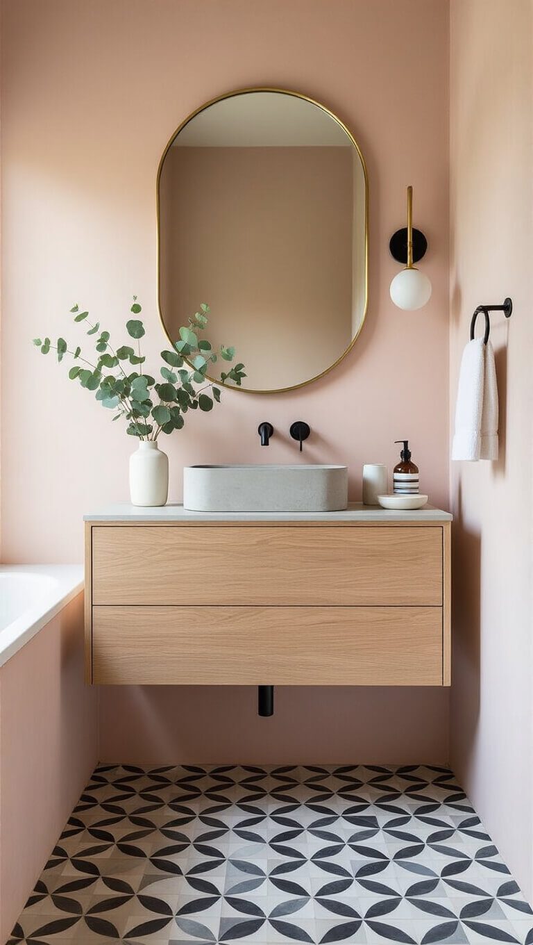 Small bathroom with pale pink micro-cement walls, black and white geometric floor tiles, light oak vanity with concrete sink, brass mirror, and eucalyptus decor in soft morning light.