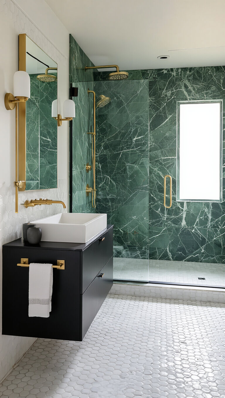 Modern bathroom with verde green marble shower, white hex tile floor, matte black floating vanity, brass fixtures, and natural afternoon lighting.