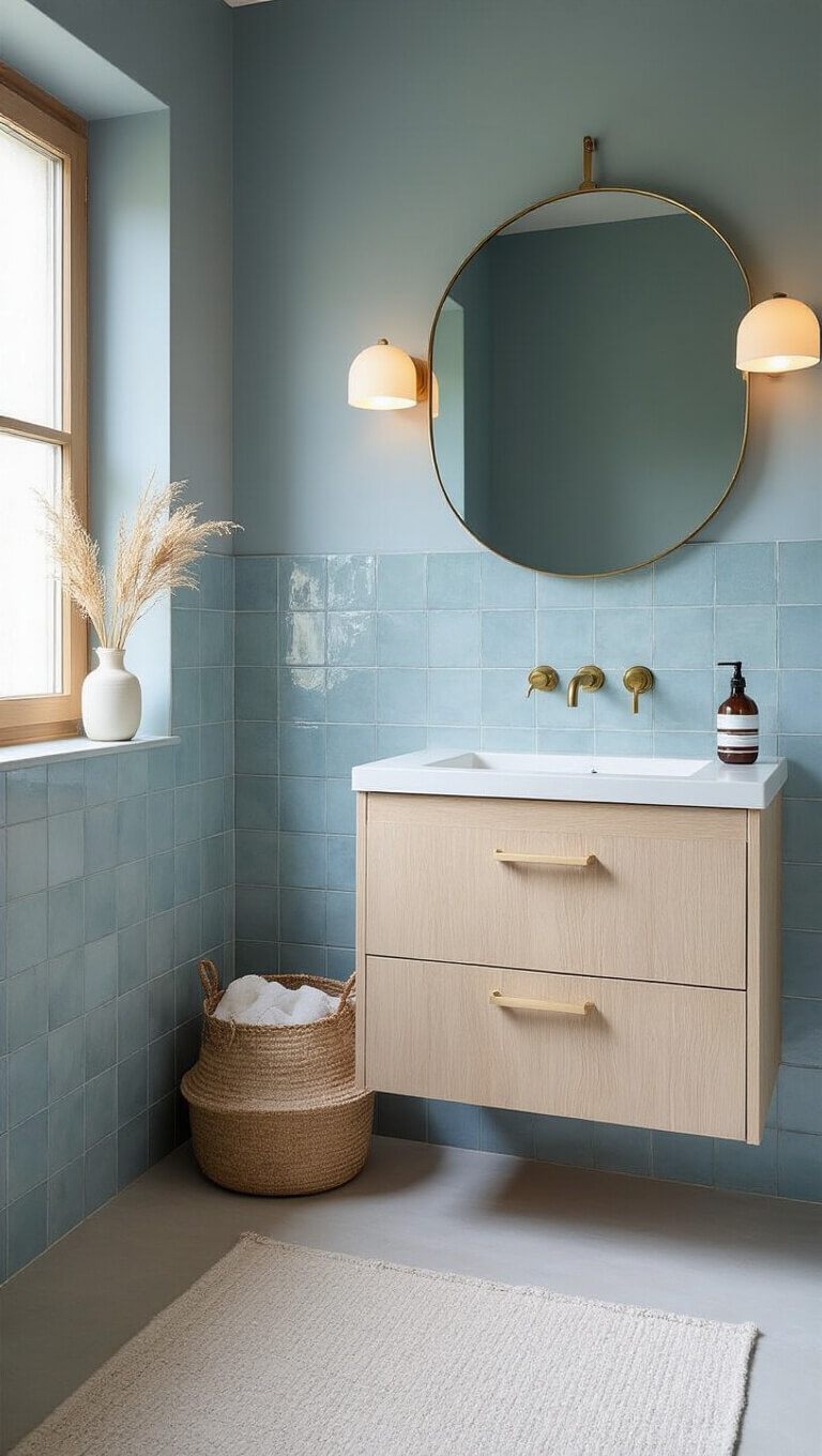 Low-angle view of a small bathroom with soft blue Zellige tile walls, concrete-look floor tiles, and a wall-mounted bleached oak vanity under moody evening lighting.