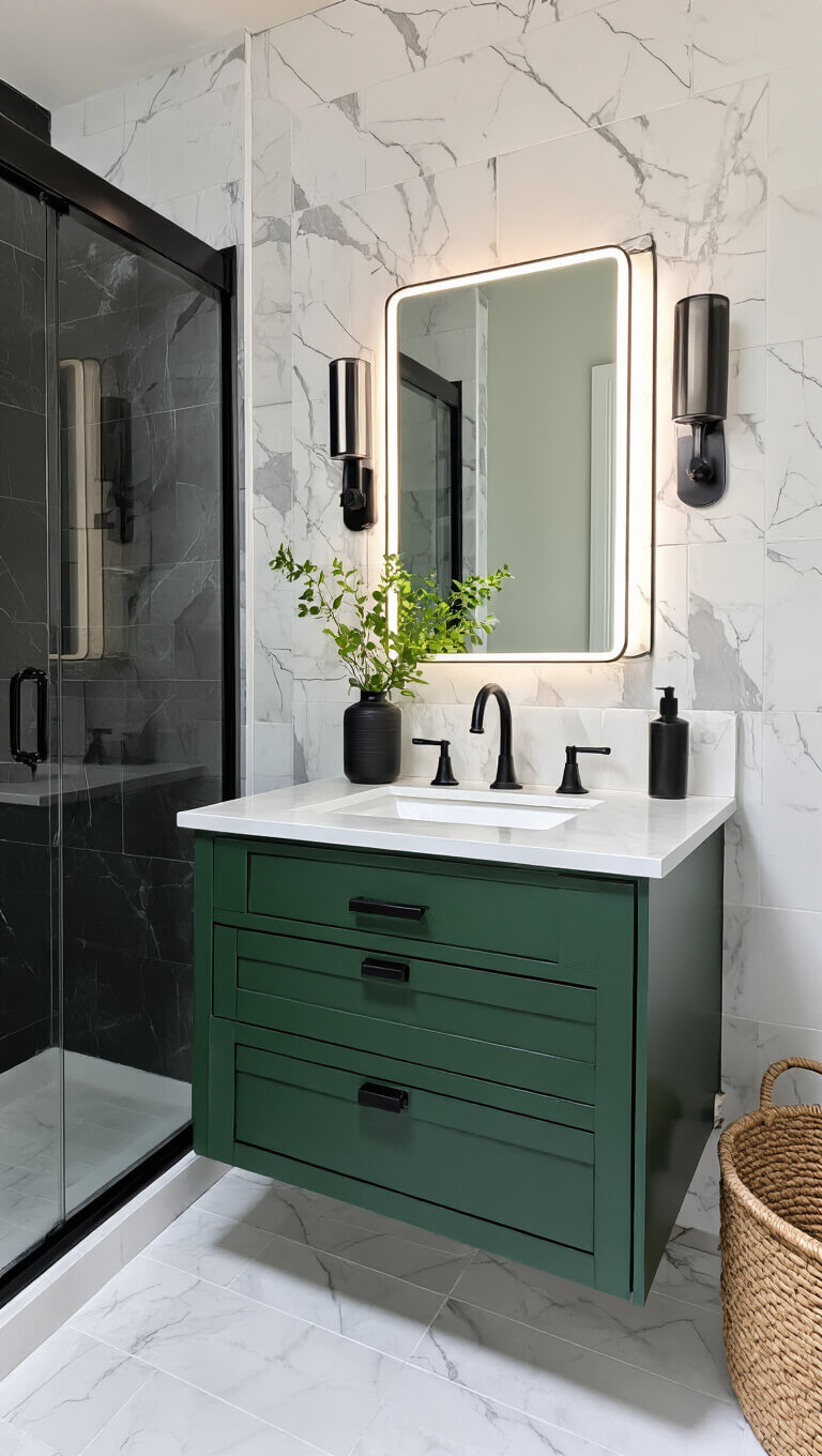 Bright, modern 7x7ft bathroom with white marble-effect tiles, deep green floating vanity, black-framed shower glass, backlit mirror, and stylish black-and-white accents with greenery.