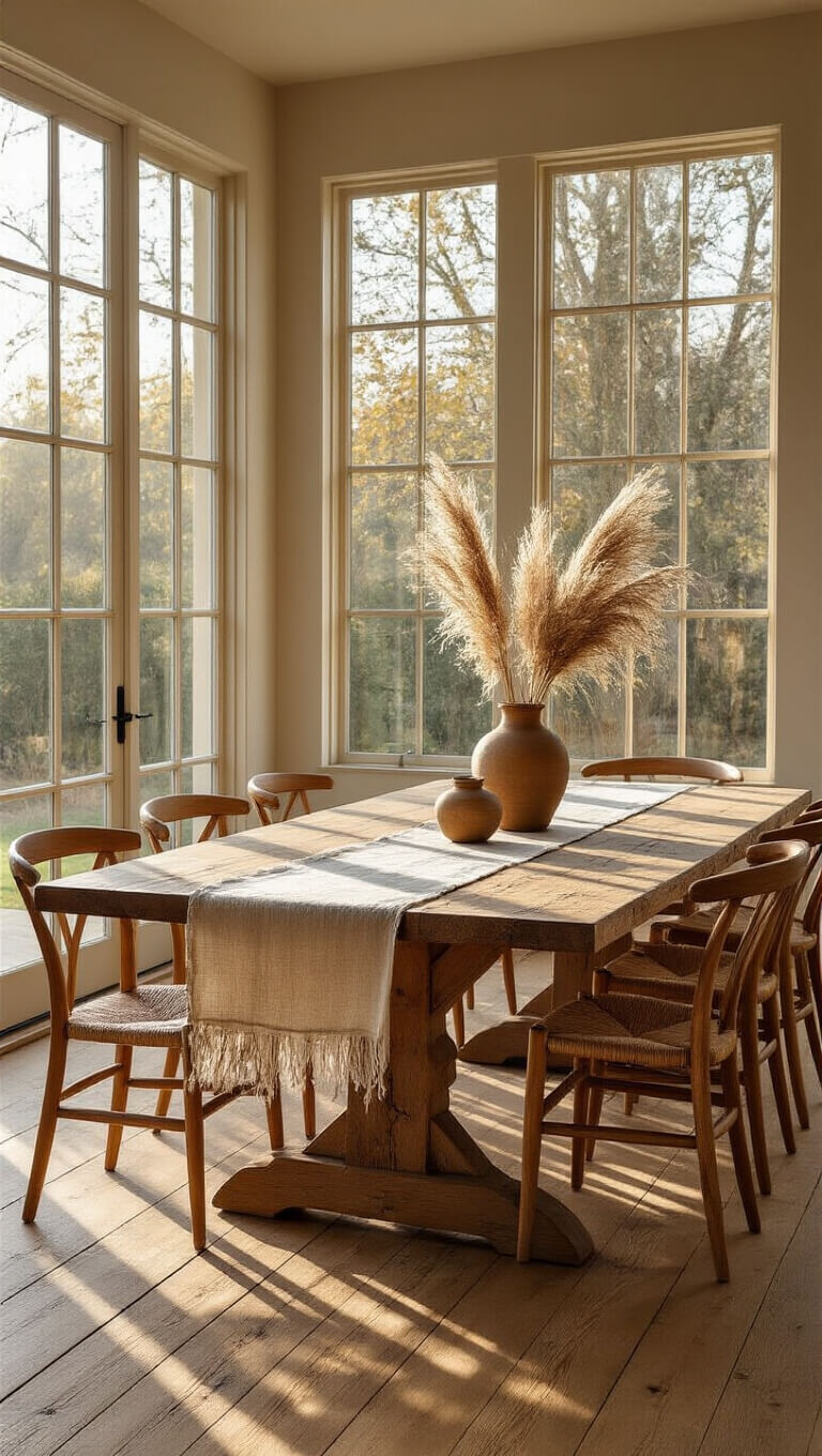 Warm, sunlit dining room with a weathered oak table, vintage mismatched chairs, linen runner, and ceramic vessels of pampas grass, bathed in golden hour light.