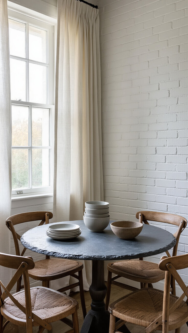 Cozy 12x12ft breakfast nook at dawn with a round slate table, worn wooden chairs, sheer linen curtains, and rustic ceramic and stoneware in cool greys and warm whites.