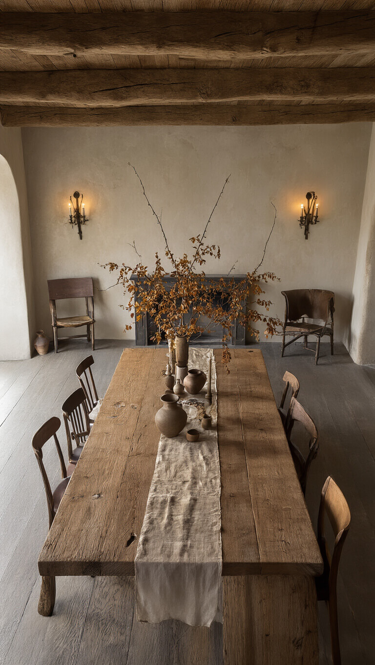 Dining room with exposed beams and plaster walls, centered reclaimed timber table set with vintage brass candlesticks, unglazed pottery, autumn branches, and raw silk runner, lit by iron wall sconces at dusk.