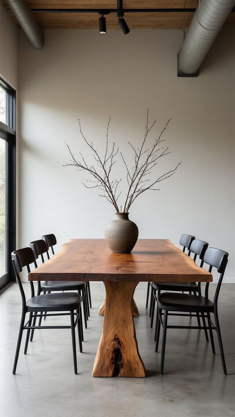 Modern-rustic 15x18ft dining room with live-edge walnut table, worn leather black chairs, polished concrete floor, exposed matte black ducting, and a ceramic vase of foraged branches under soft afternoon light.