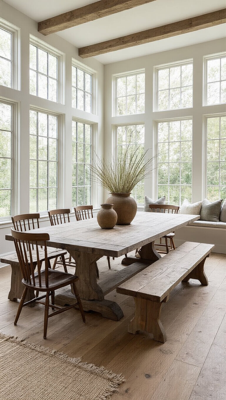 Airy great room with morning light, weathered farmhouse table, mix of Windsor chairs and benches, oak floors, ceramic vessels with wild grasses, and natural fiber runner.