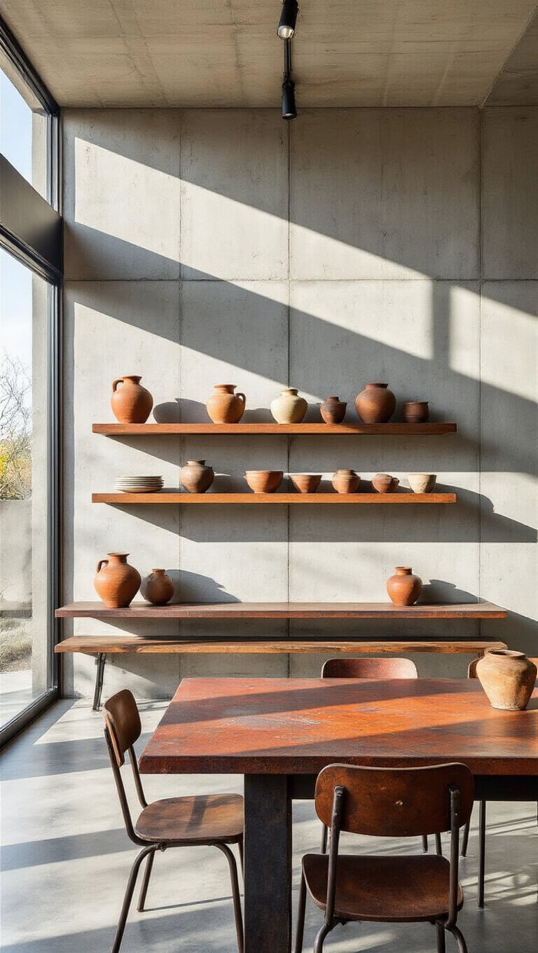 Modern 14x16ft dining room with concrete walls, reclaimed wood and steel table, vintage chairs, skylight shadows, and handmade pottery display.