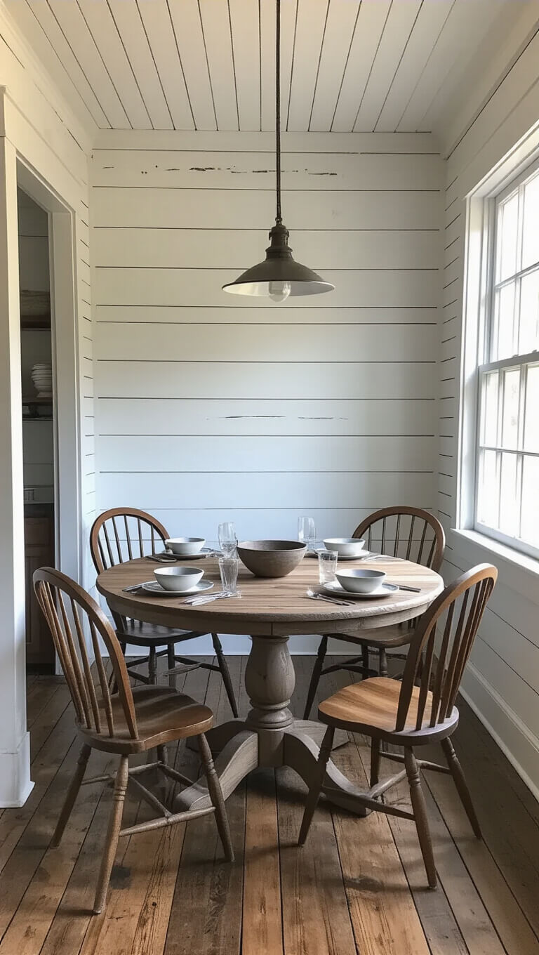 Rustic dining nook with weathered round barn wood table, mismatched Windsor chairs, whitewashed shiplap walls, and vintage place settings in moody blue hour lighting.