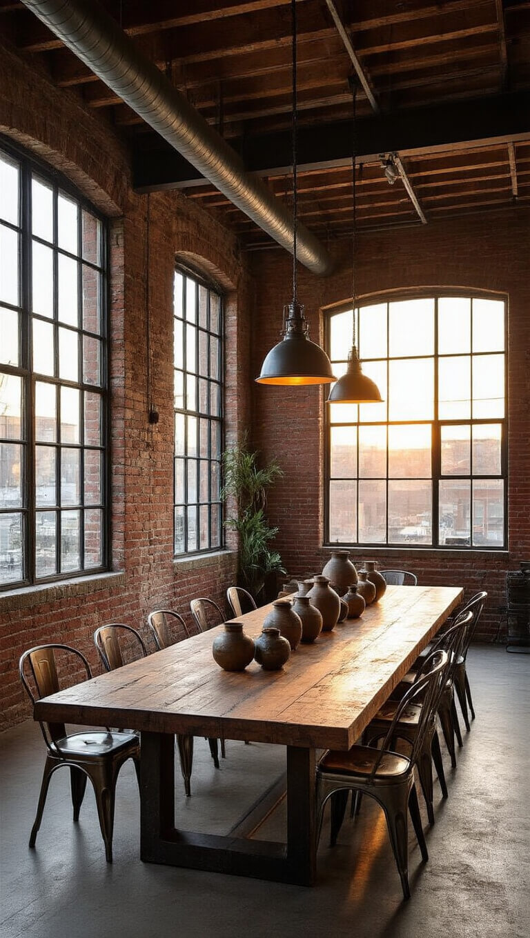 Industrial-organic dining room with exposed brick walls, long reclaimed wood table, mix of vintage chairs, and sunset light streaming through steel-framed windows.