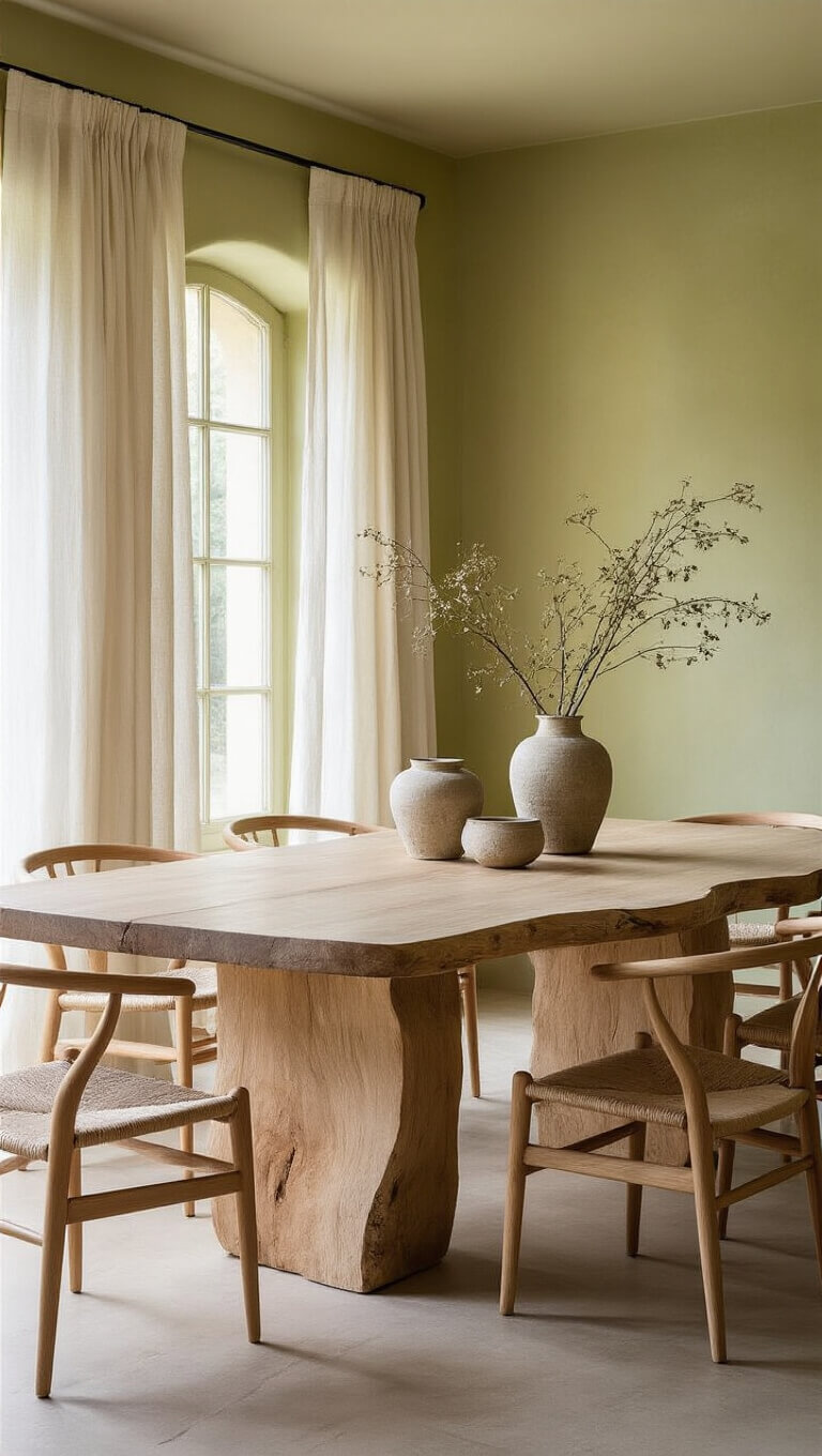 Serene 15x17ft dining room with lime-washed textured walls, organic wood table with natural edges, aged oak chairs, and soft morning light filtering through gauzy curtains.