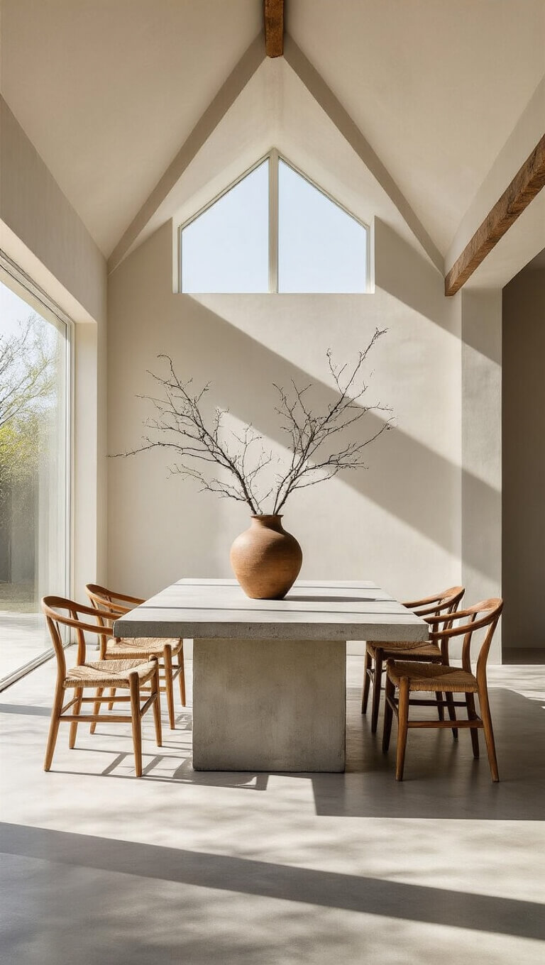 Minimalist dining area with concrete table and wooden chairs under cathedral ceiling, dramatic noon shadows, and oversized ceramic vessel with wild branches.