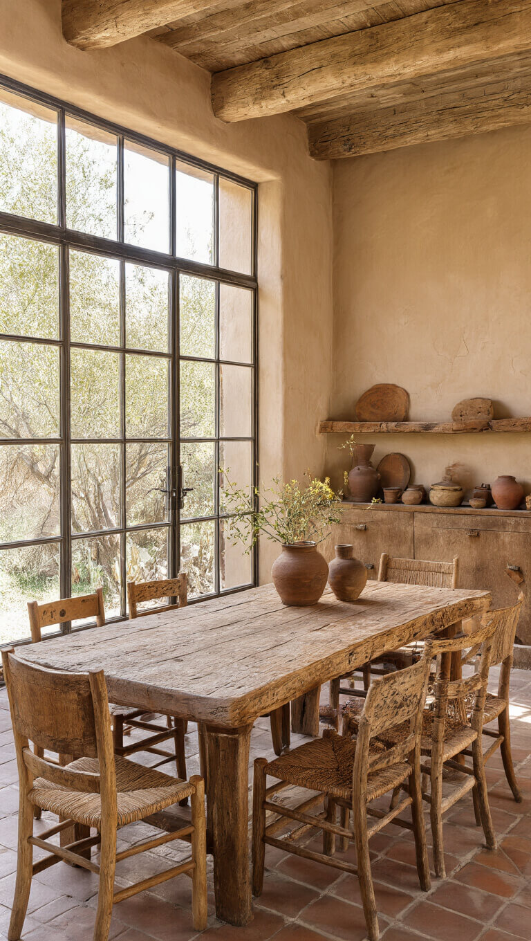 Bohemian 14x16ft dining room with mud-plastered walls, worn wooden table, mismatched vintage chairs, sunlit through metal-framed windows, and layered handwoven textiles in earthy tones.