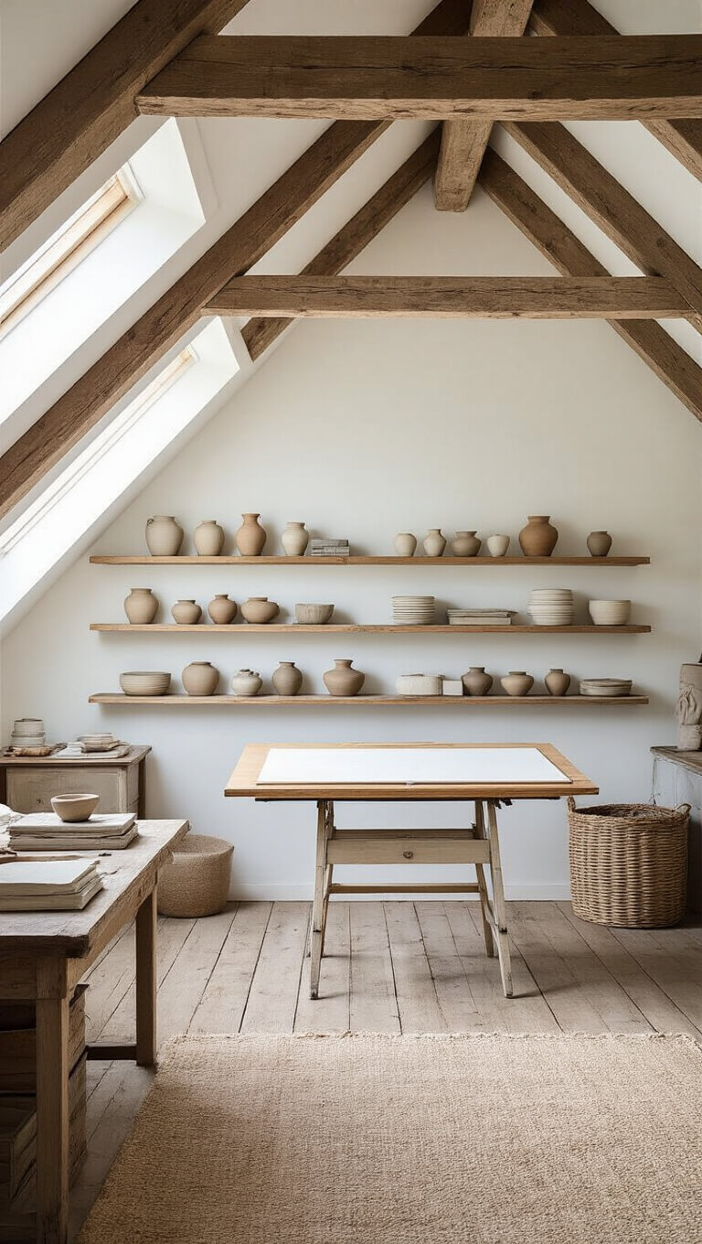 Artist’s attic studio with exposed rafters, skylight light illuminating ceramic pieces on wooden shelves, vintage drafting table centered, neutral palette of wood, white, and green tones.