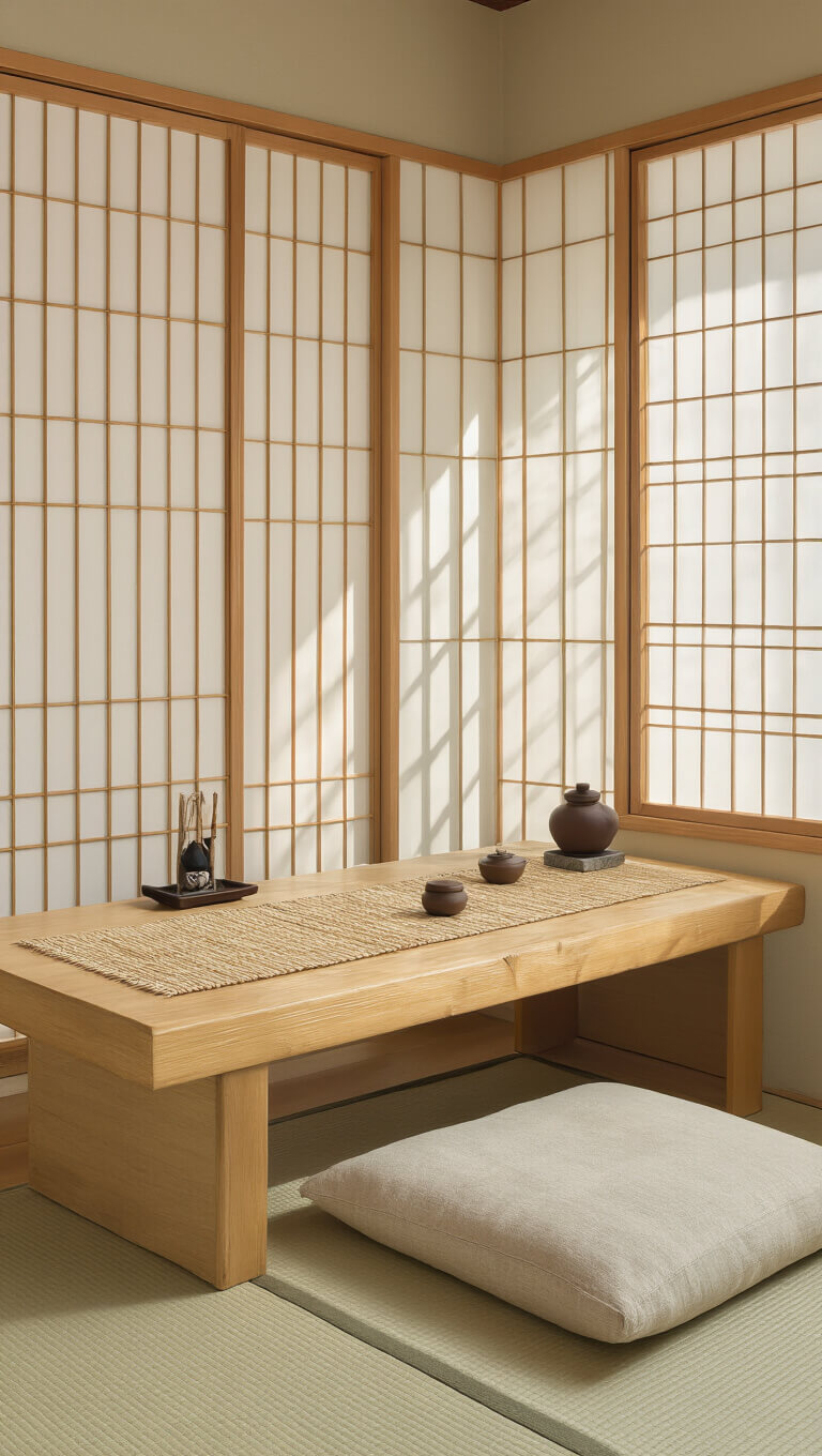 Cozy 10x12ft meditation-inspired office with bamboo desk, linen zabuton cushion, shoji screens filtering midday light, and accents including a stone incense holder and ceramic tea set in soft, natural tones.