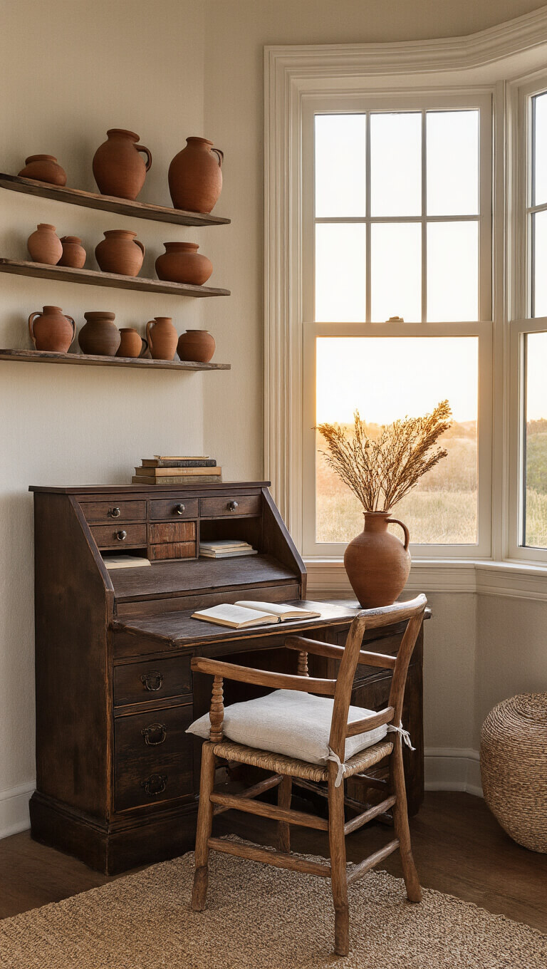 Cozy writer's nook with antique desk in bay window at sunset, pottery on shelves, linen-cushioned chair, dried botanicals in terracotta vase, bathed in golden hour light.