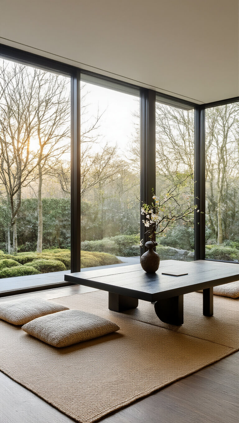 Minimalist 10x12ft meditation workspace with blackened oak writing table, natural fiber floor cushions, ikebana floral arrangement, and garden views through floor-to-ceiling windows at dawn.