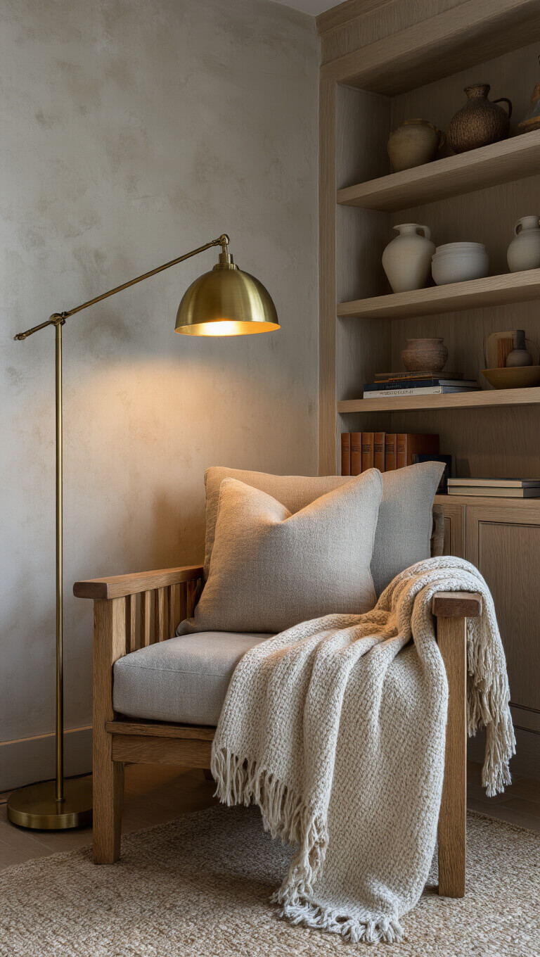 Cozy 12x14ft reading nook at blue hour with wooden armchair, warm brass lamp, textured plaster walls, oak shelves, and wool throw in moody lighting.