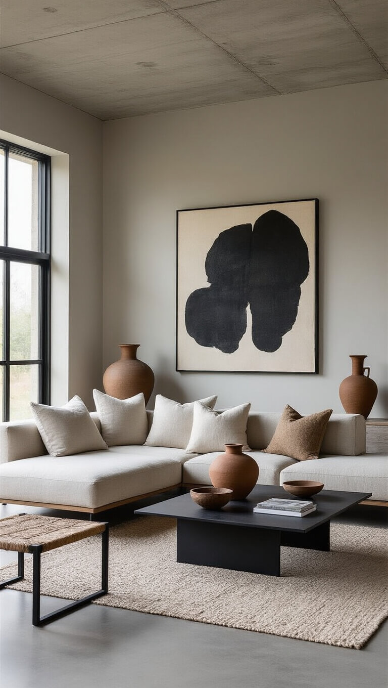 Modern open-concept 16x20ft living space with linen platform sofa, black metal coffee table, organic pottery accents, abstract ink art, and raw material finishes in neutral tones.