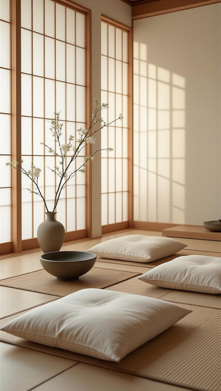 Minimalist meditation room at dawn with floor cushions on heated oak floor, ikebana in ceramic bowl, shoji screens filtering light, and bamboo mat in soft natural tones.