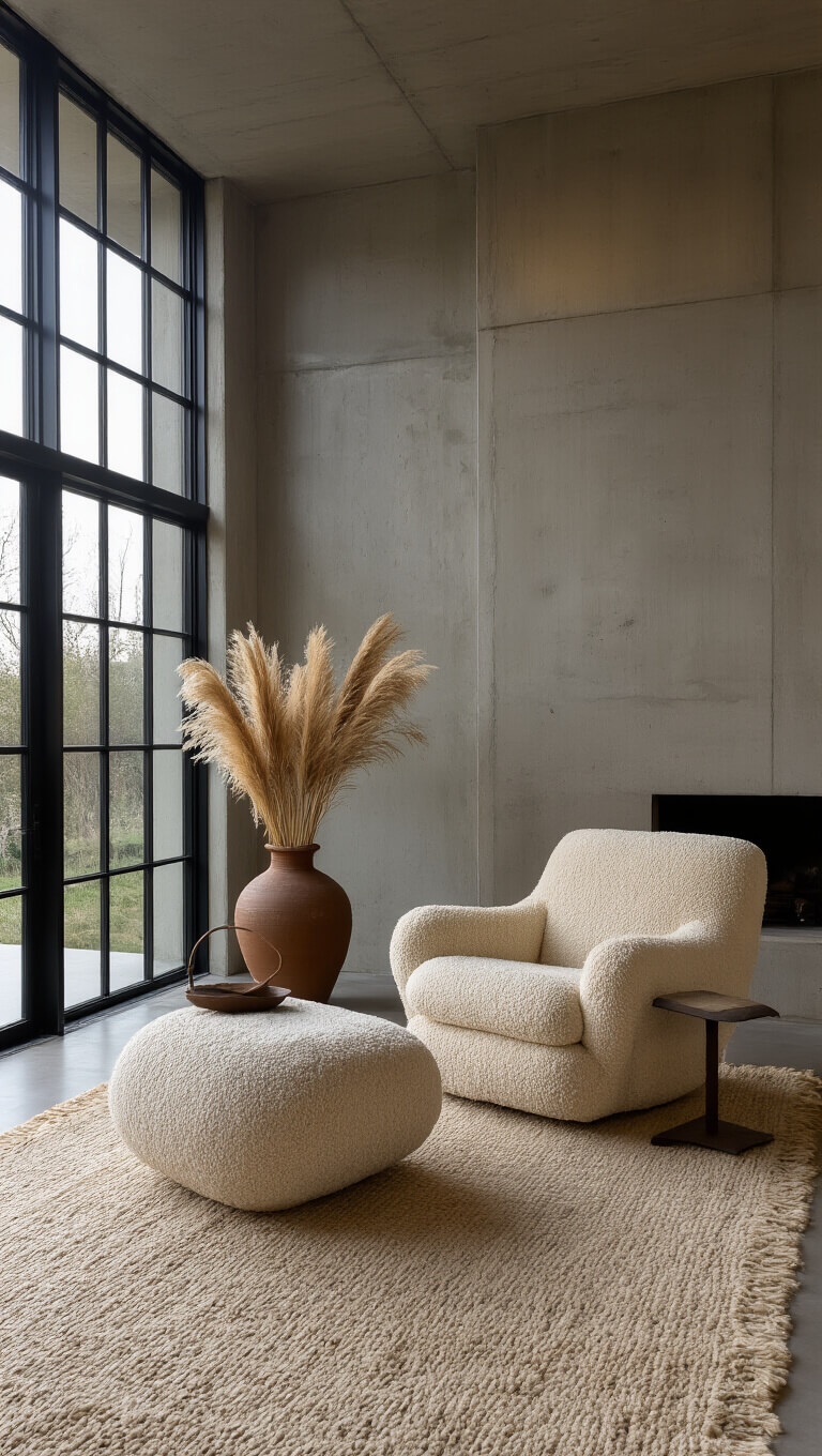 Dusk-lit contemporary living area with sculptural bouclé armchair, iron side table, pampas grass in hand-thrown vessel, vintage rug, concrete walls, and steel-framed windows.