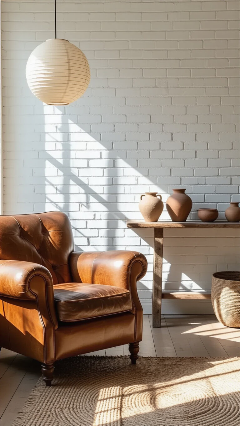 Cozy sitting room with vintage leather chair, whitewashed brick wall, raw wood console displaying wabi sabi ceramics, and handmade paper pendant casting shadows in soft morning light.