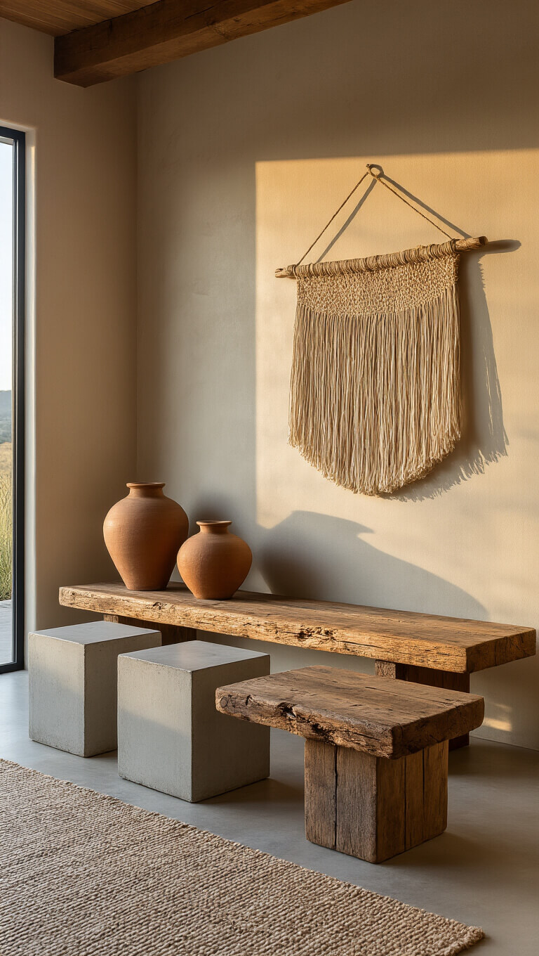 Rustic modern 16x18ft room at sunset with aged timber bench, concrete side tables, earthenware vessels, handwoven wall hanging, and golden hour shadows.