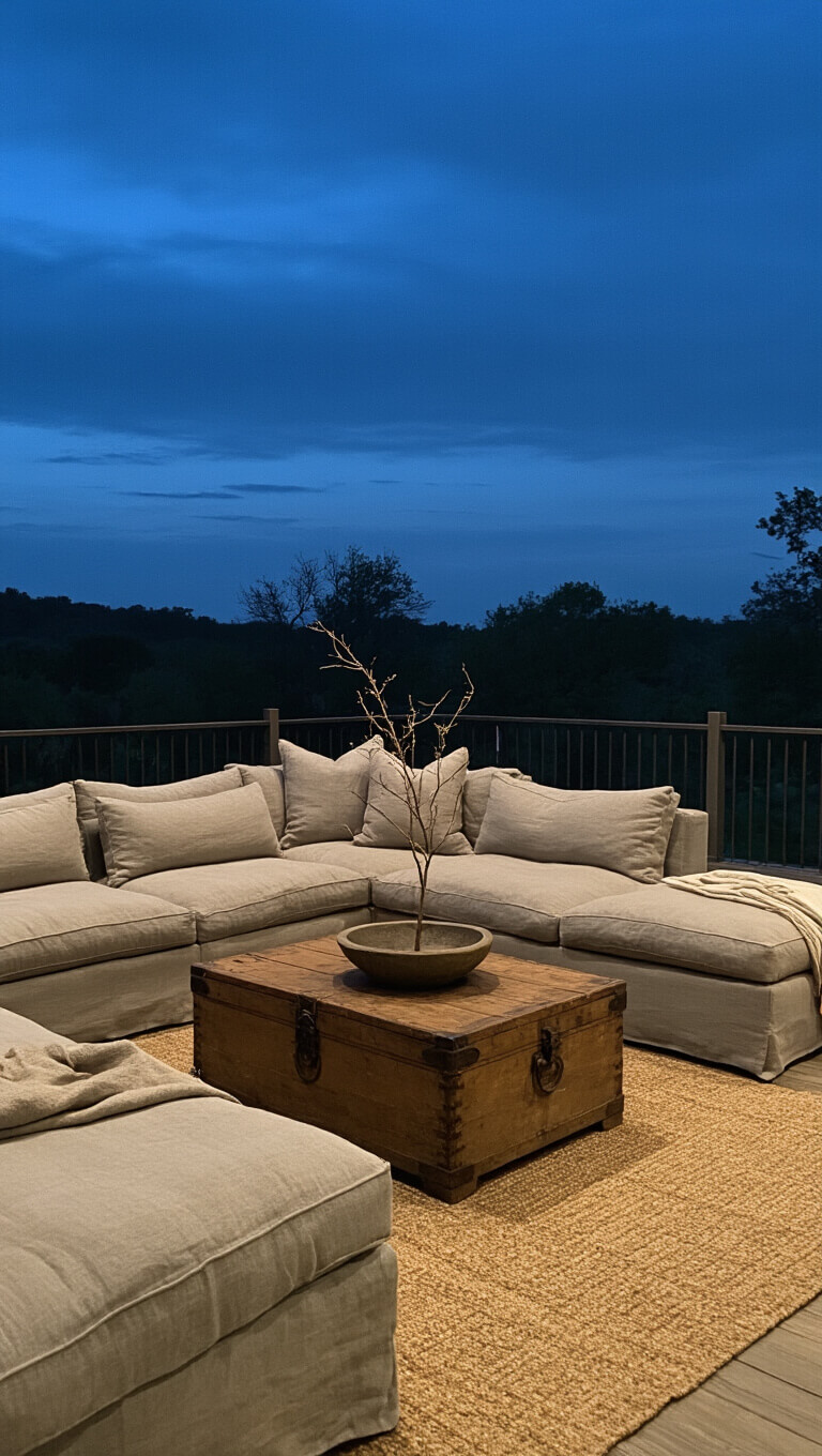 Cozy 17x19ft twilight living room with grey linen sectional, aged wooden chest, stone bowl with branch, and moody ambient lighting.