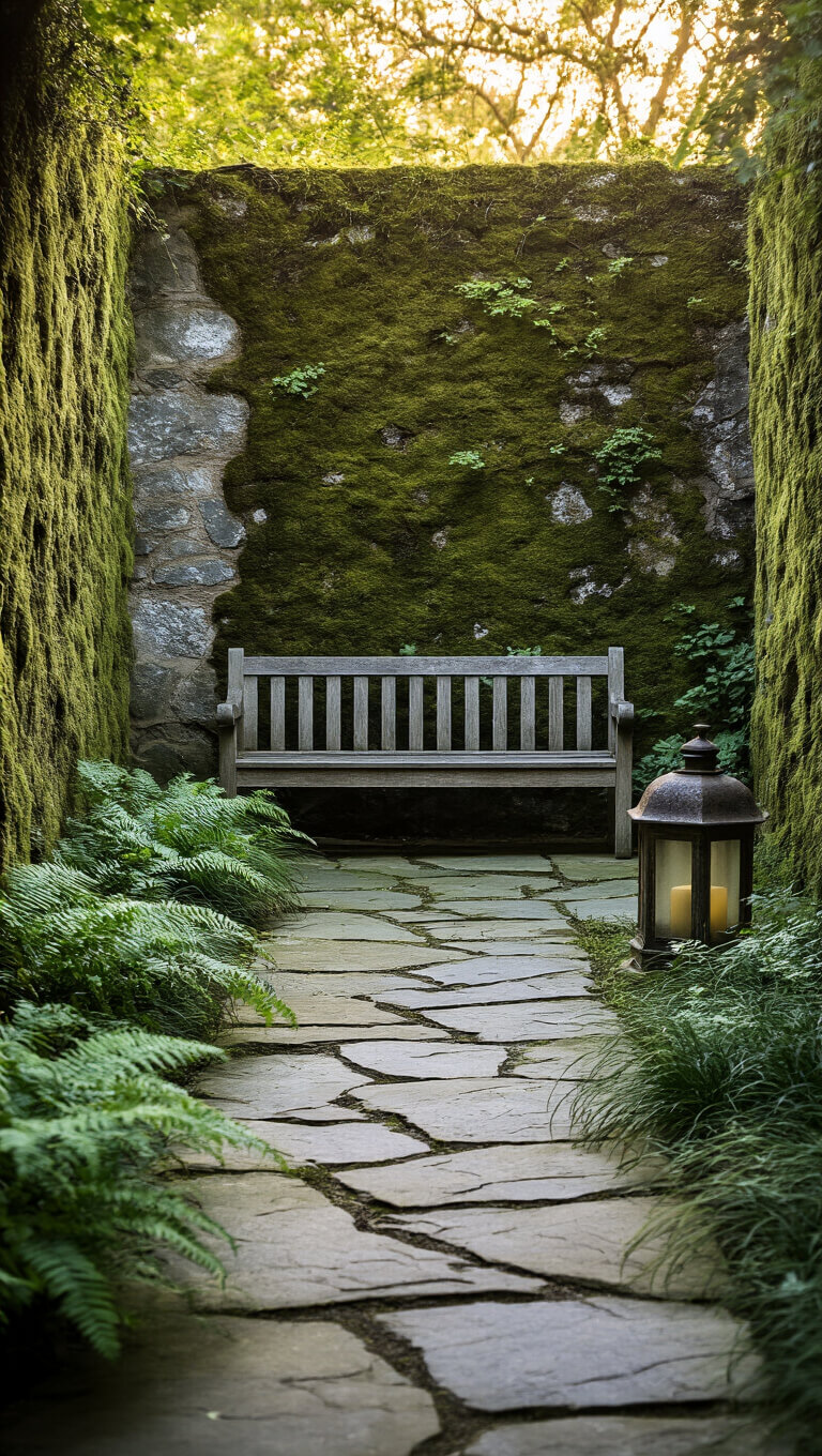 Courtyard garden at golden hour with stone path leading to wooden bench, surrounded by moss, ferns, and a patinaed lantern, in soft, earthy tones.