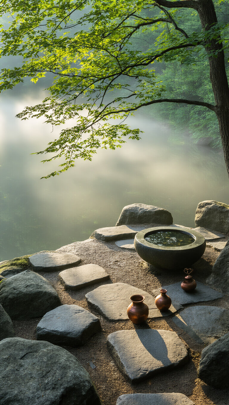 Elevated view of serene 8x8ft meditation corner at dawn with misty granite basin, dappled stone path under ancient maple, and verdigris copper vessels in cool blue-gray and forest green tones.