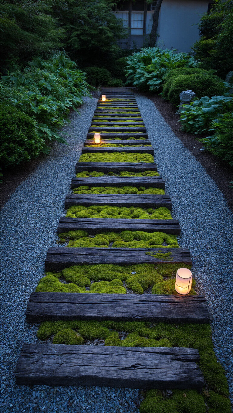 Blue hour view of 20ft side garden path with asymmetrical weathered railroad ties, crushed granite, wild moss in cracks, and a glowing paper lantern creating moody, textured atmosphere.