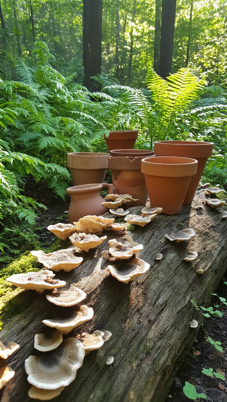 Woodland garden nook with morning light filtering through trees, highlighting a mossy log with shelf fungi, weathered terracotta pots, and unfurling native ferns.