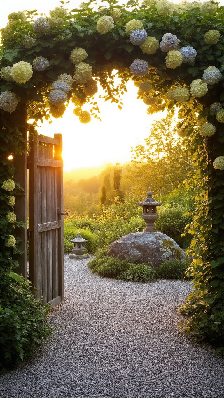 Low-angle view of a sunlit garden sanctuary with a weathered wooden gate covered in climbing hydrangea, leading to a gravel meditation area marked by lichen-covered stone lanterns and a natural rock outcropping, all bathed in golden hour light.