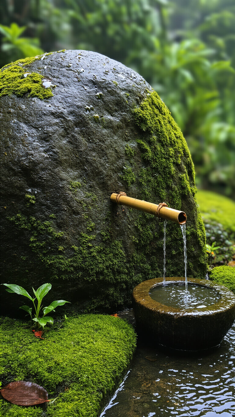 Rain-soaked tea garden corner with moss-covered boulder, bamboo spout filling stone basin, and detailed water droplets in soft morning light.