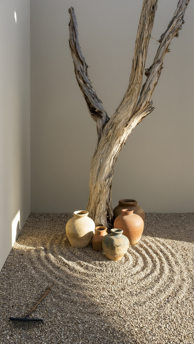 Elevated view of a 12x12ft zen corner with morning sunlight casting shadows, centered on a sculptural dead tree trunk, vintage ceramic vessels at its base, and gravel rake patterns guiding the eye through the space.