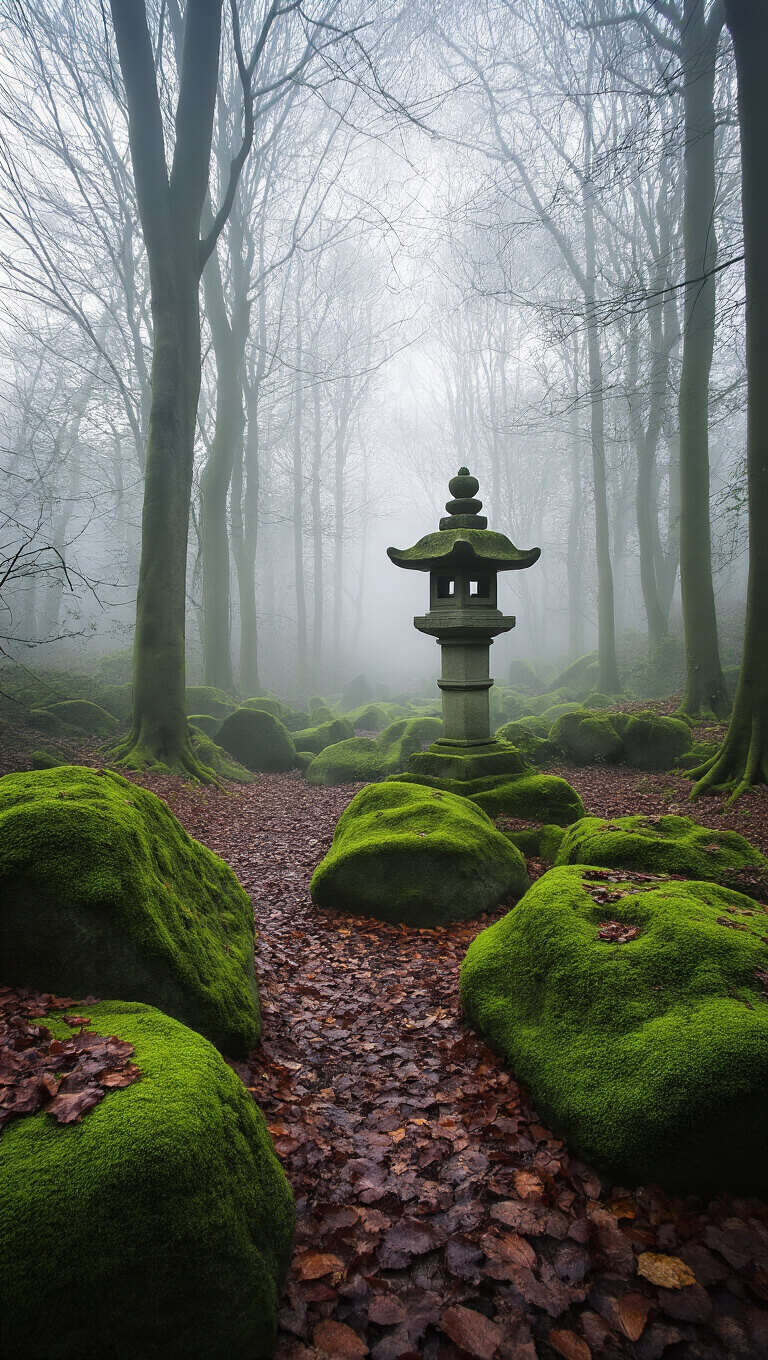 Ancient stone lantern in misty woodland garden at dawn, surrounded by mossy boulders and scattered fallen leaves.