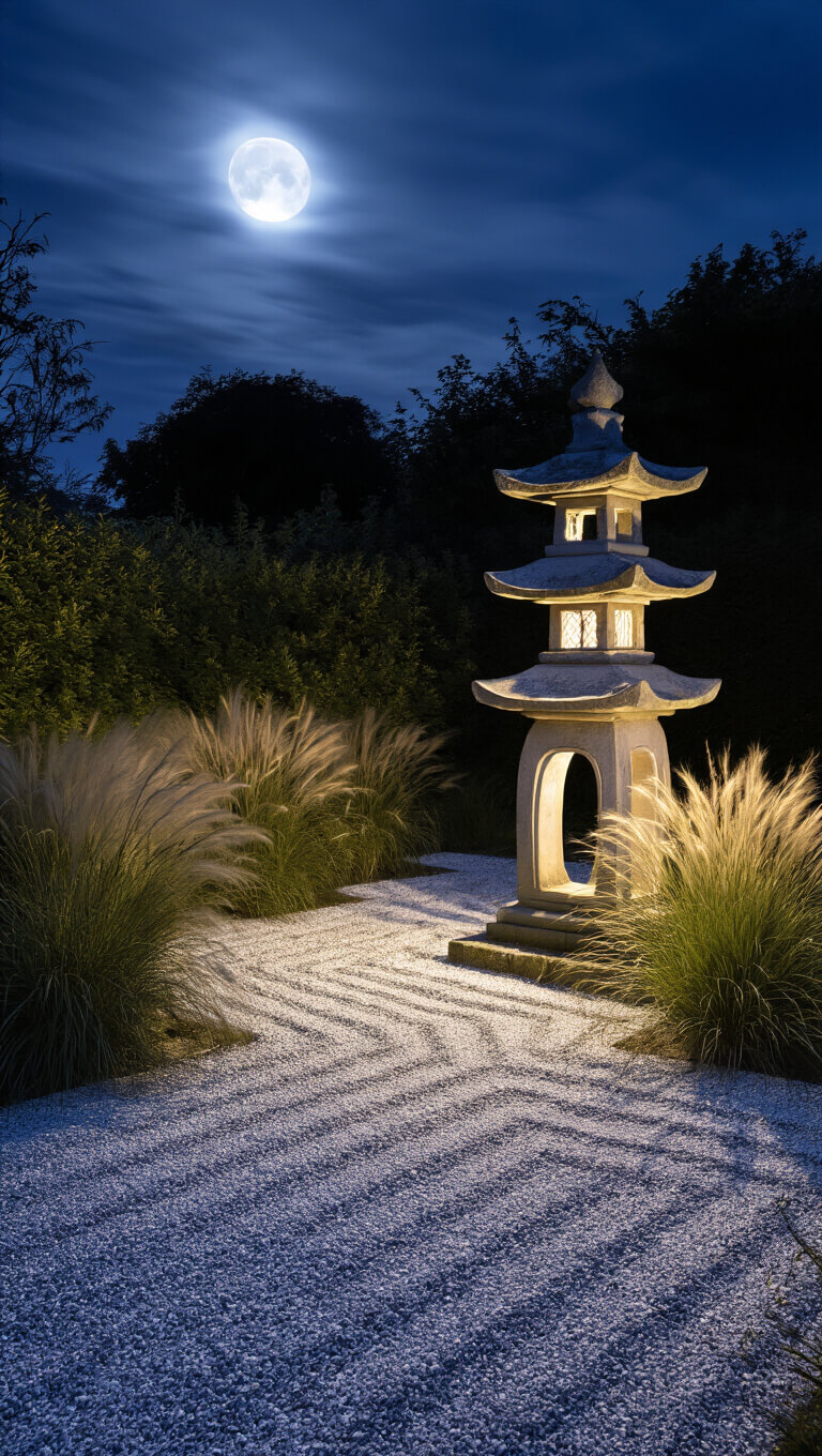 Moonlit garden room with pale gravel patterns, ancient stone pagoda lantern casting shadows, and native grasses swaying in a night breeze.