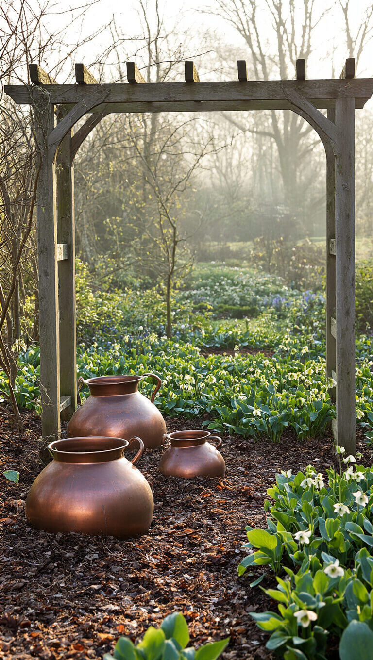 Early spring garden with aged copper vessels, weathered wooden arbor, and blooming hellebores in soft morning light.