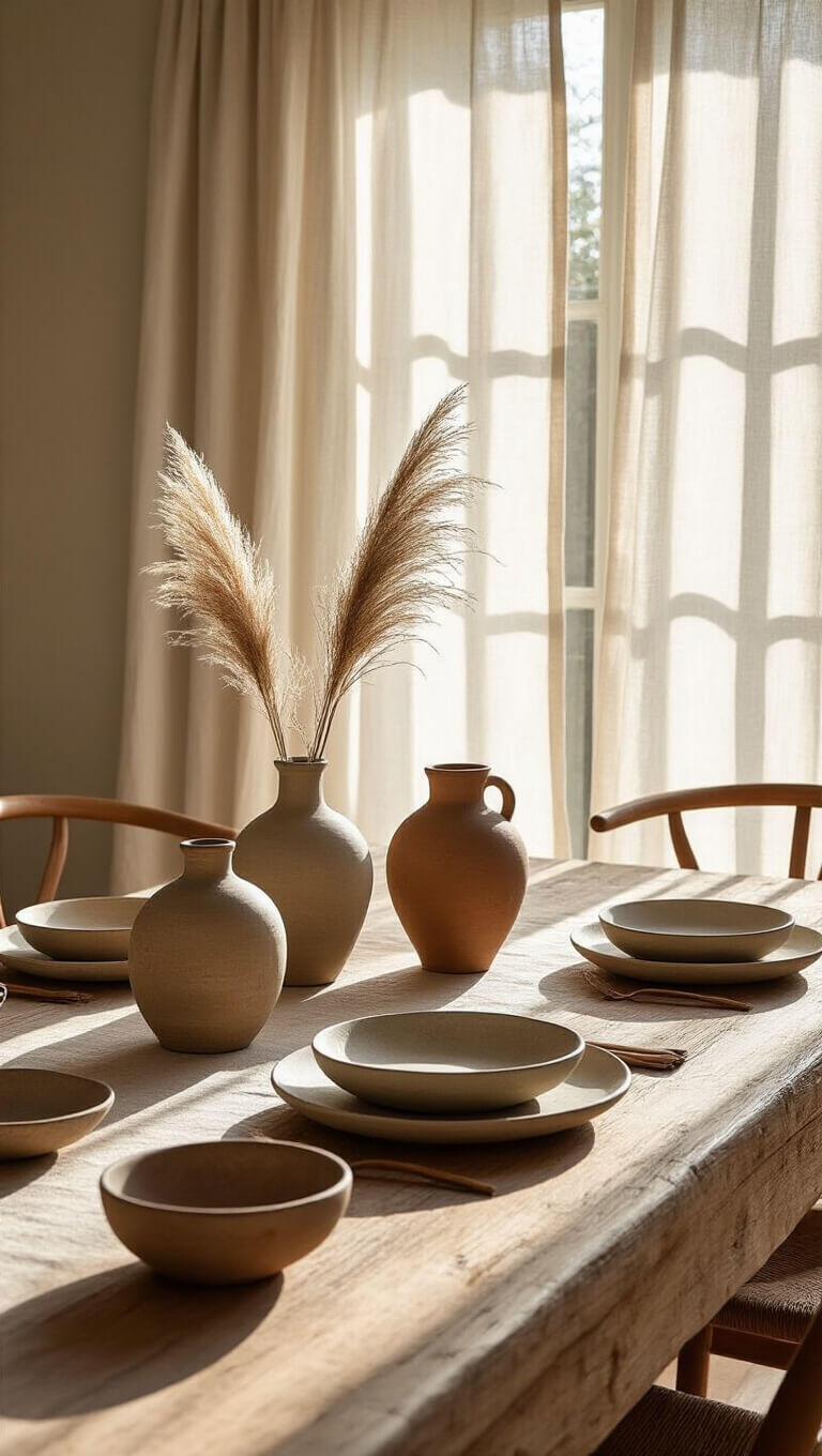 Sunlit dining room with weathered oak table set with asymmetrical earth-toned ceramics, pampas grass in pottery vessels, and textured linens at golden hour.