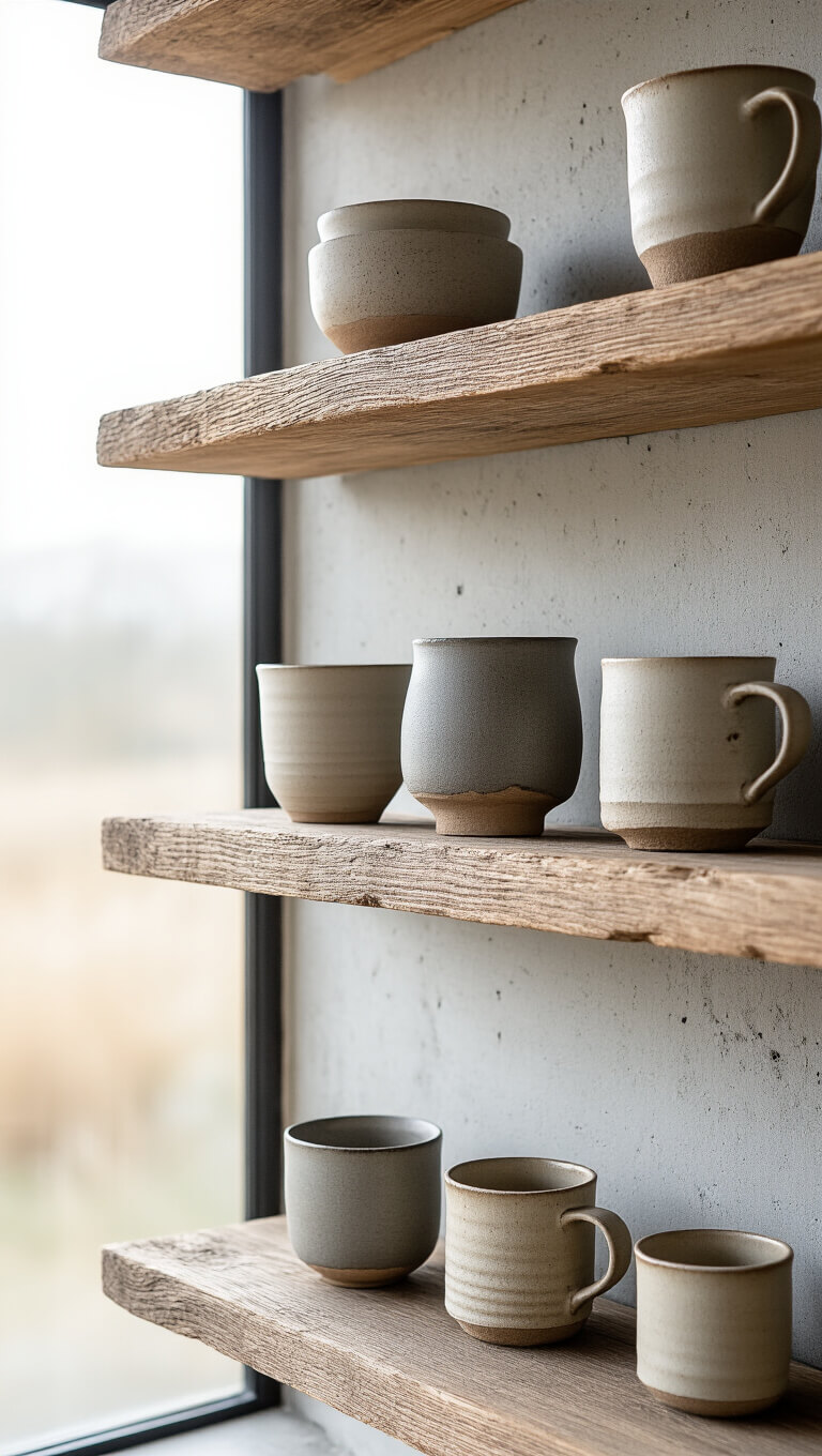 Low-angle view of reclaimed wood kitchen shelves with wabi sabi ceramics in morning light against a raw concrete wall.