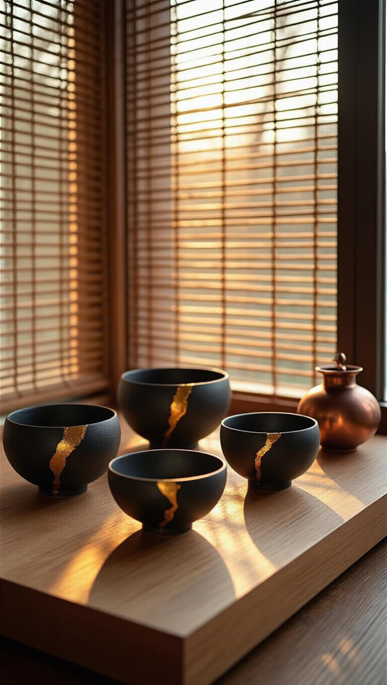 Close-up of kintsugi-repaired black ceramic bowls on a low wooden platform in a dawn-lit meditation room, with gold seams glowing in morning light through bamboo blinds.