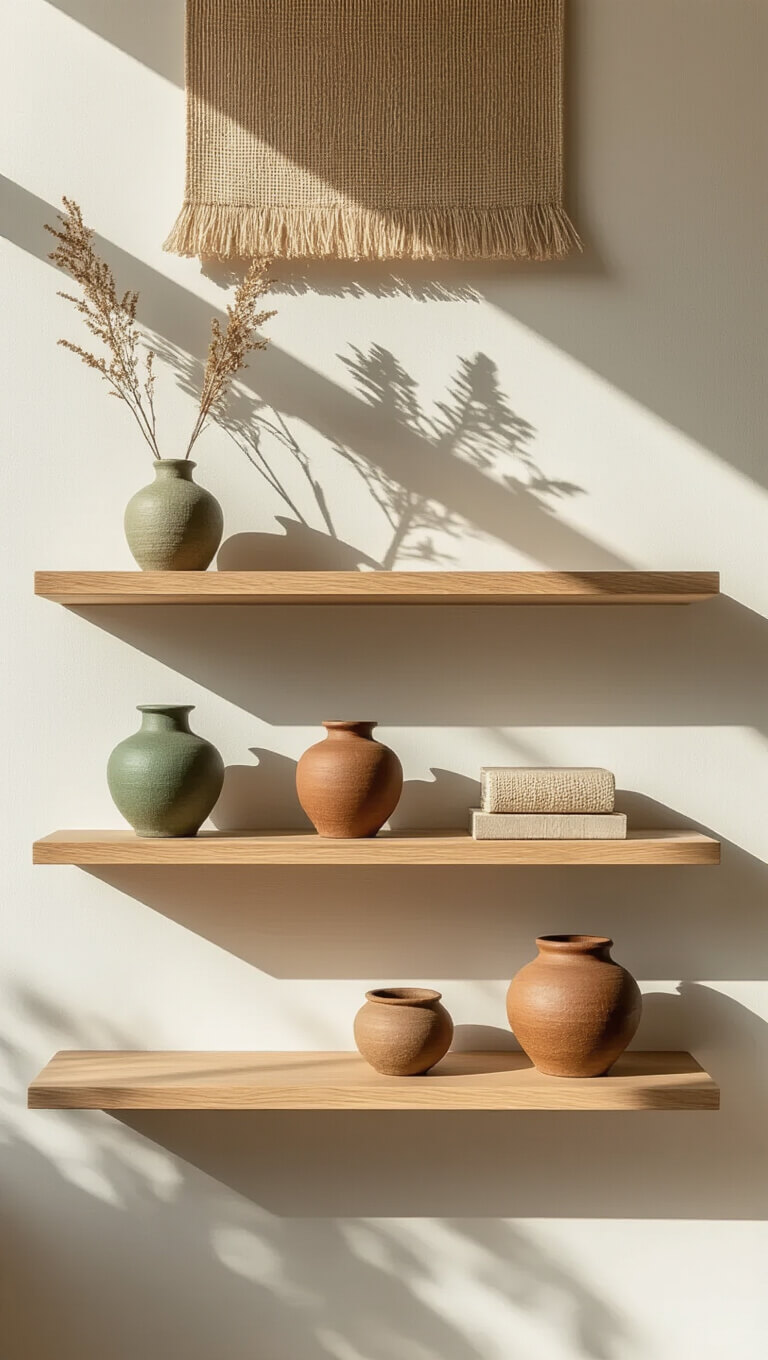 Minimalist floating oak shelves with handcrafted green and brown vessels, afternoon light casting soft shadows, and a textured natural fiber wall hanging in the background.