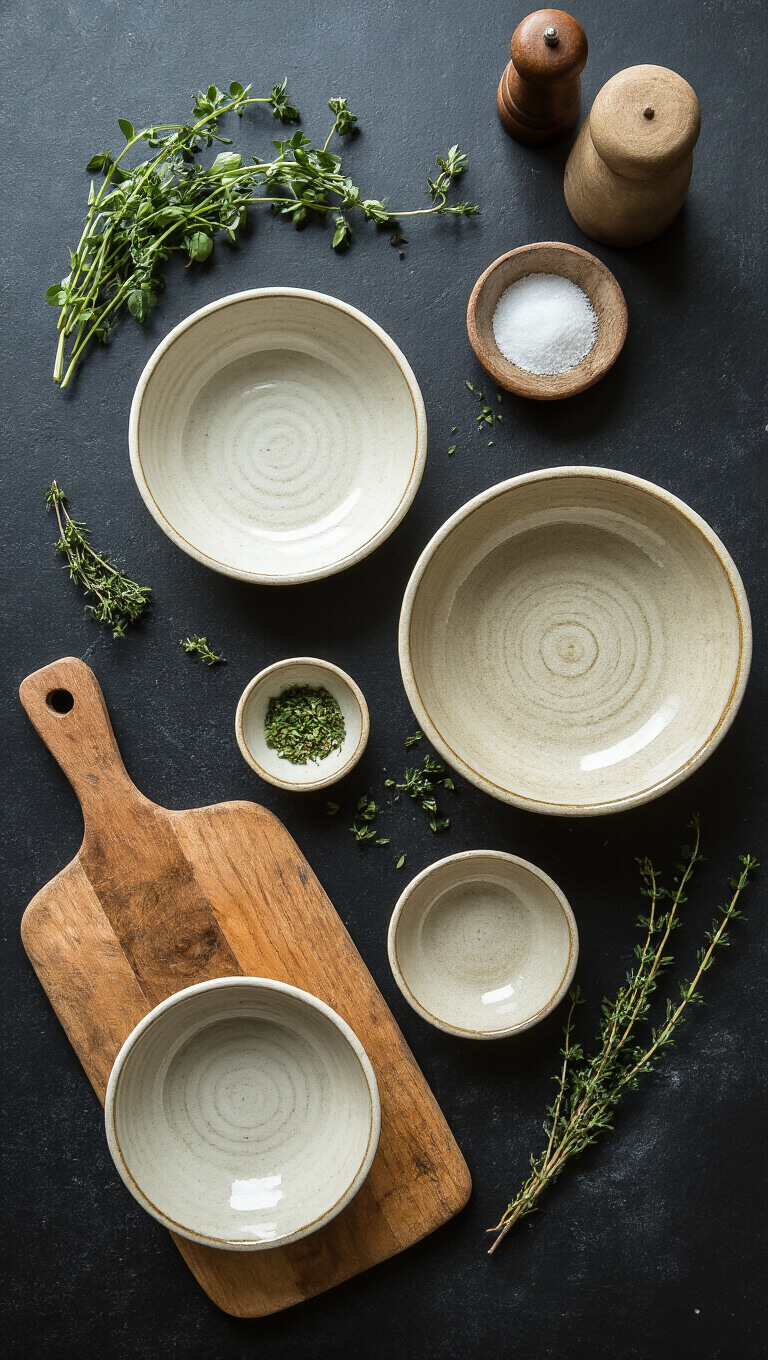 Bird's-eye view of rustic ceramic prep bowls on matte black countertop with herbs, cooking tools, and worn wooden cutting board.