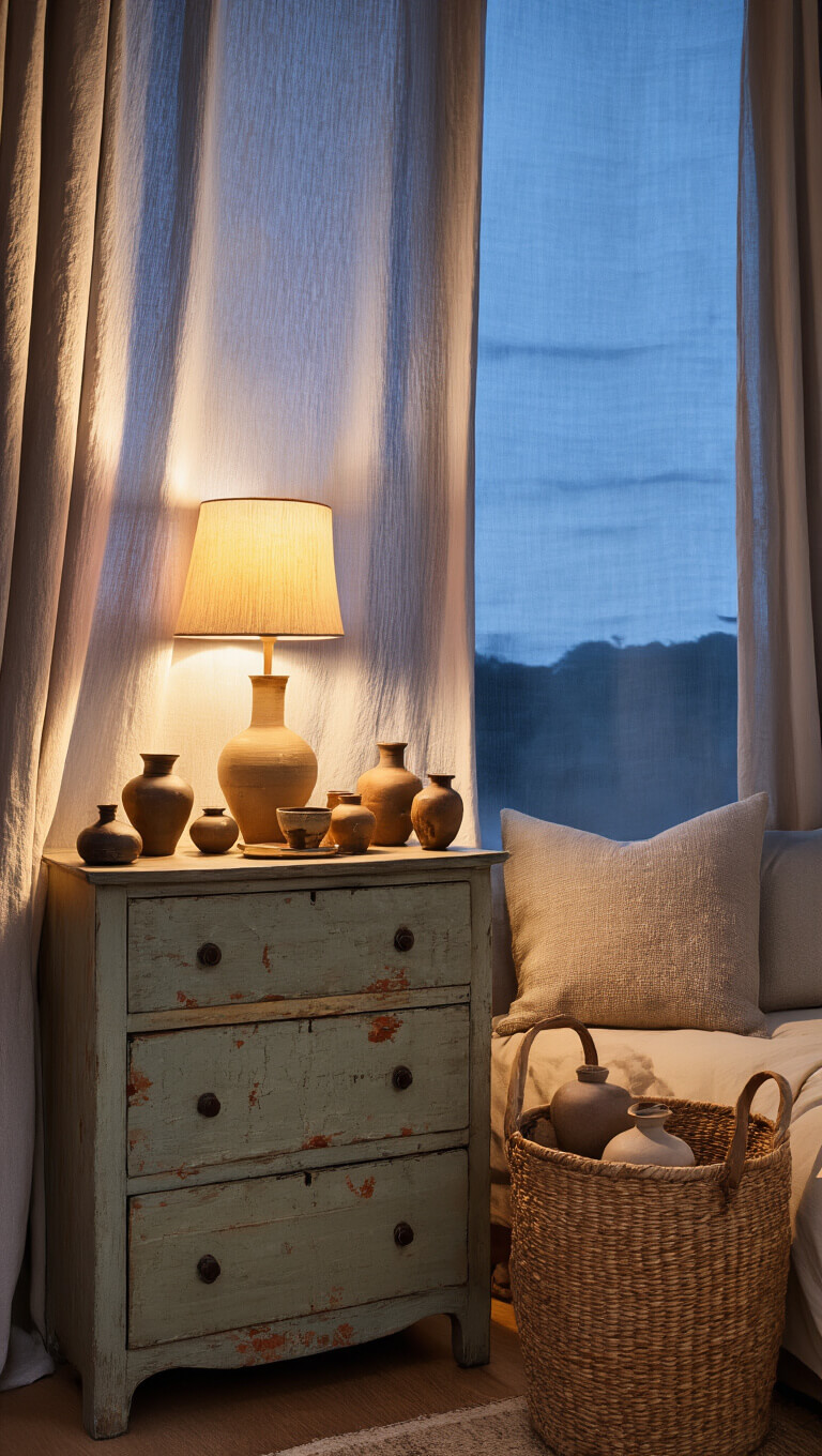 Vintage dresser with wabi sabi ceramics under warm lamp light in cozy dusk-lit bedroom nook.