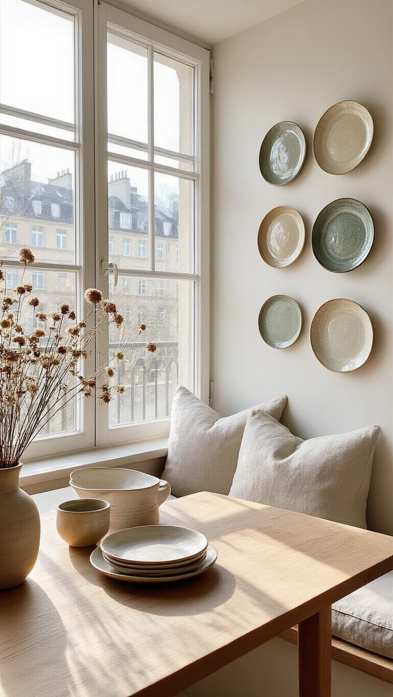 Sunlit studio apartment dining area with ceramic plates displayed on a built-in window seat, linen cushions, and dried flowers.