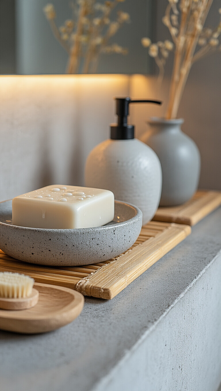 Macro shot of artisanal ceramic soap dishes and vessels on a concrete bathroom countertop, with water droplets highlighting textured surfaces; bamboo accessories add natural contrast.