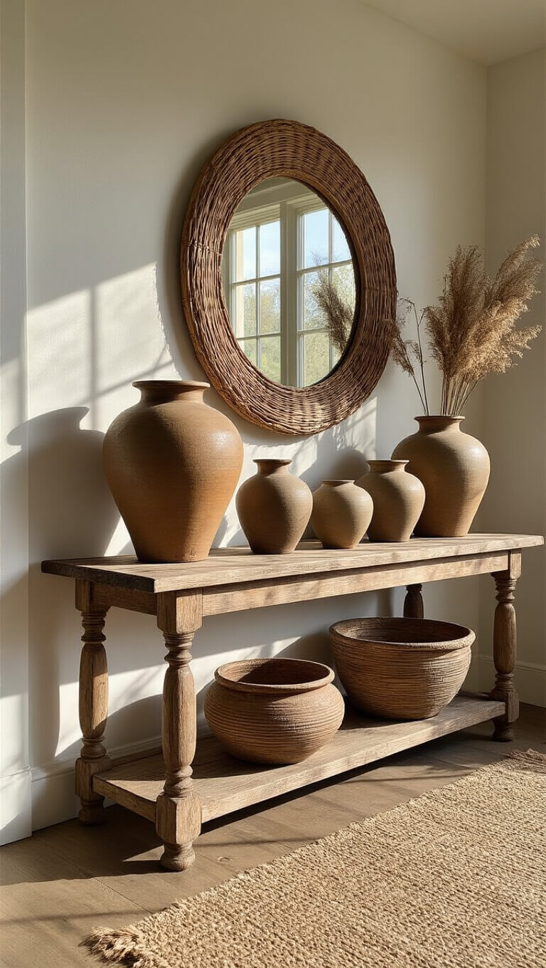 Rustic entryway console with vintage ceramic vessels, rattan mirror, and natural fiber runner in late afternoon light.