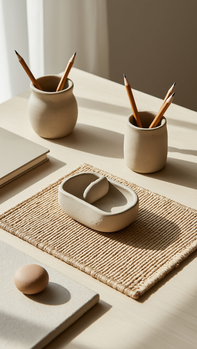Overhead view of a Zen-inspired office desk with handmade ceramic accessories, a handwoven mat, and soft morning light highlighting natural textures and brass details.