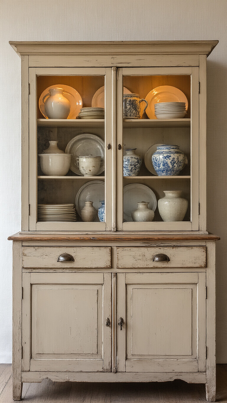 Vintage dining room hutch with mixed ceramics, warm lighting highlighting aged details and visible repairs against a linen backdrop.