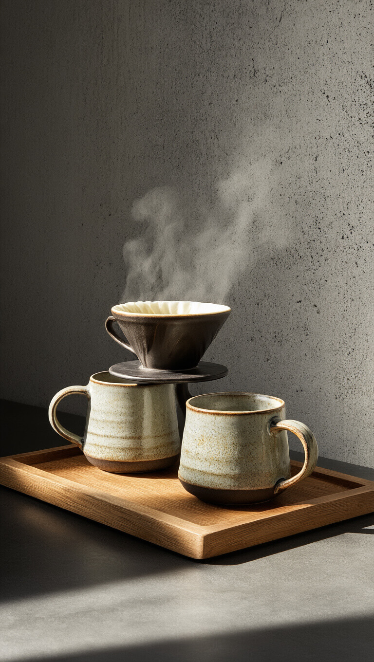 Close-up of handmade ceramic mugs and pour-over vessels with steam rising on a wooden tray in a modern kitchen coffee station, against a raw concrete wall.