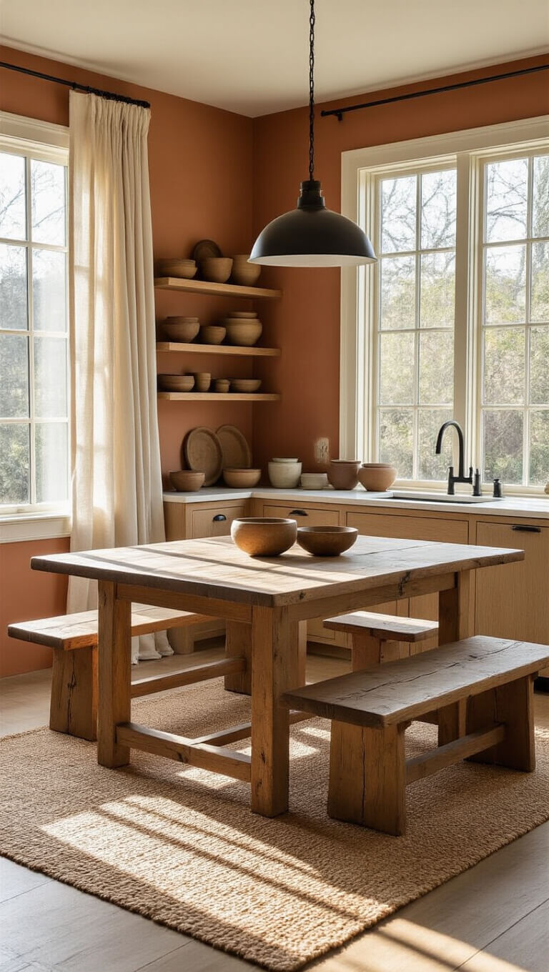 Bright morning light fills a warm clay-toned kitchen with a weathered oak dining table on a vintage jute rug, surrounded by natural wood cabinetry, matte black hardware, earth-toned ceramic bowls on open shelves, and soft linen curtains casting gentle shadows.